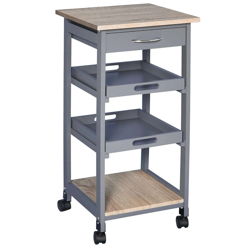 Carrello da cucina con 2 ripiani amovibili, cassetto e scaffale ¨C zephmum ¨C legno di pino grigio e quercia chiaro