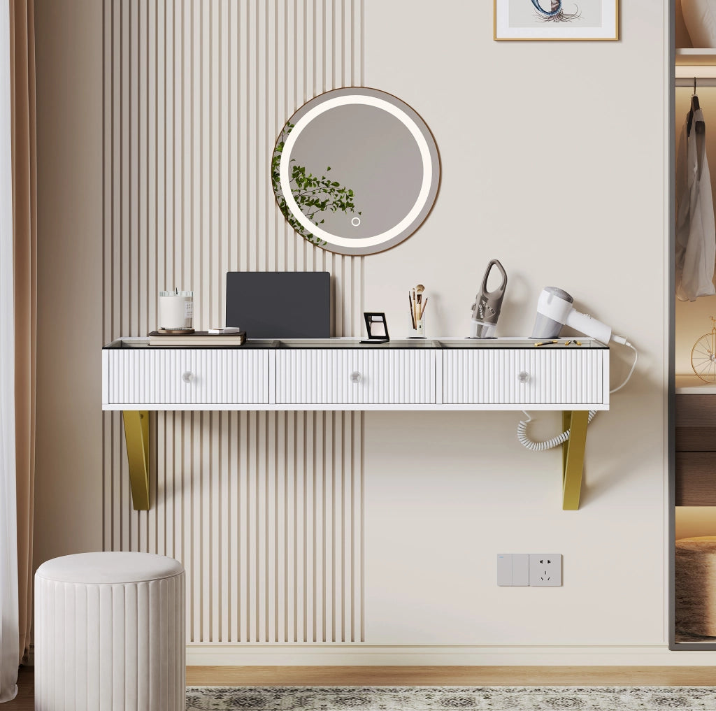 Tavolo da trucco bianco con 3 cassetti e piano in vetro