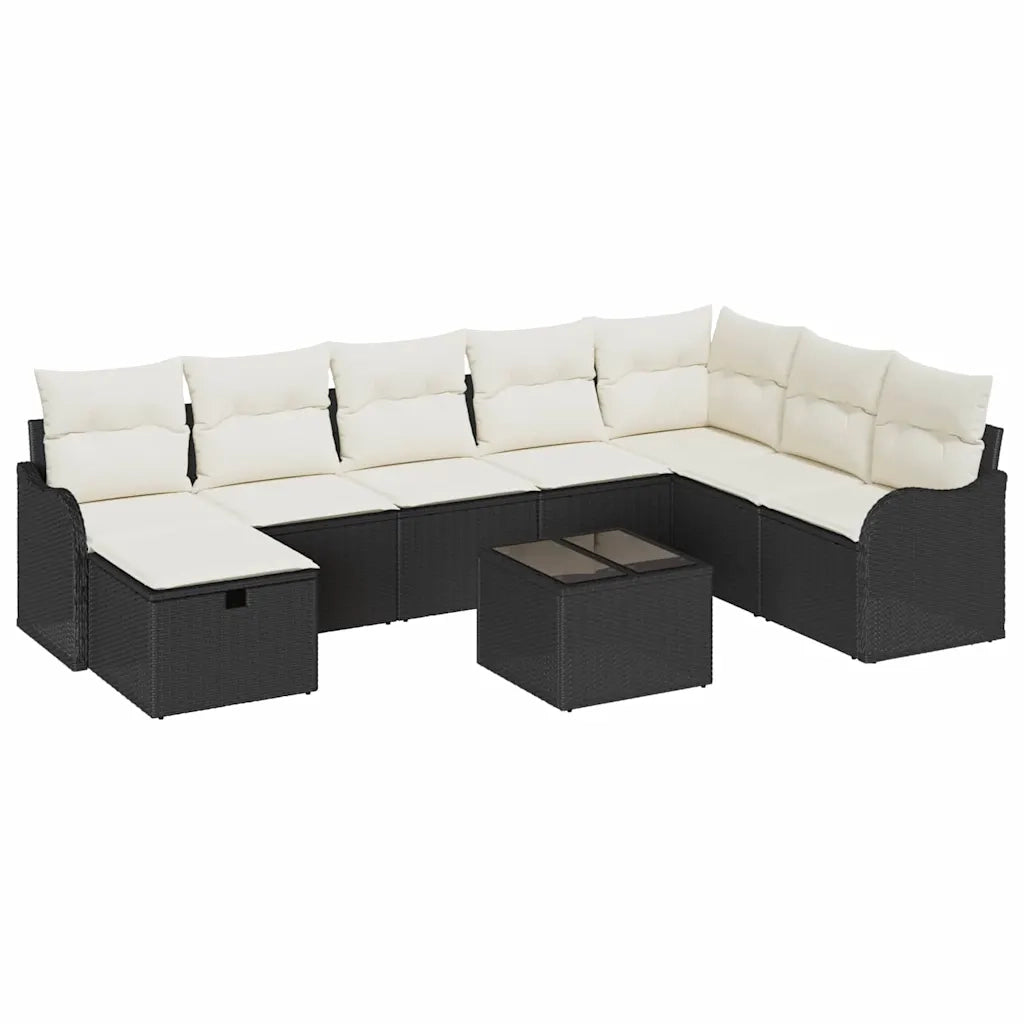 Set Divano da Giardino con cuscino 9 pcs Nero Poly Rattan