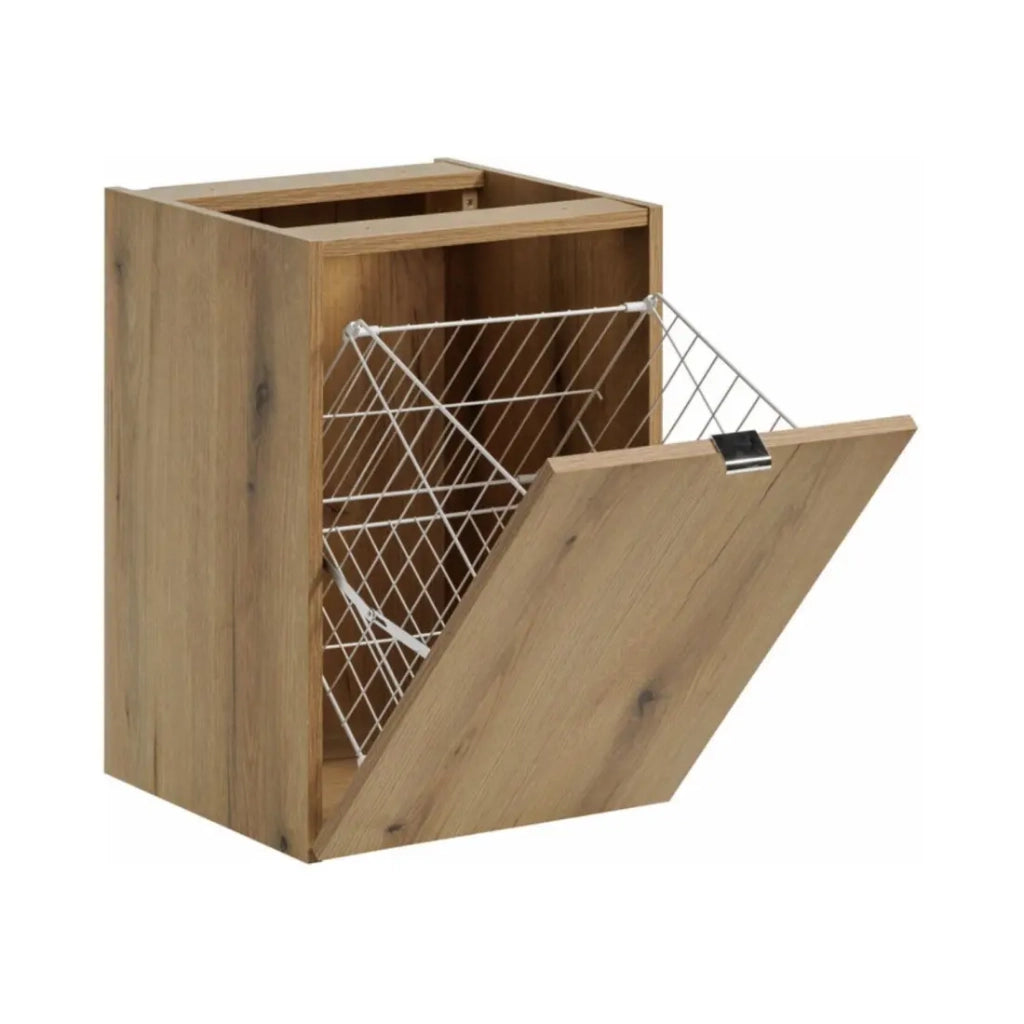 Set bagno VANO effetto quercia e nero 140cm: mobiletto sottolavabo con cassetti e cesto per la biancheria + piano per lavabo