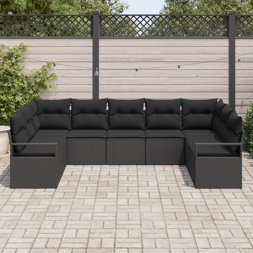 Set Divano da Giardino  9 Pezzi con Cuscini Nero Polirattan