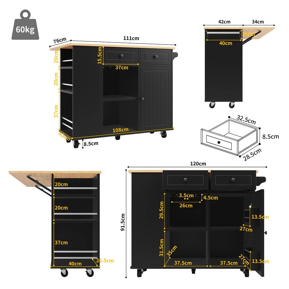 Isola Cucina con Ripiani e Portabottiglie ¨C Xylo ¨C Nero, Piano in Legno
