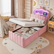 Letto per bambini imbottito 90x200 cm in velluto rosa con LED; USB; USB-C e contenitore