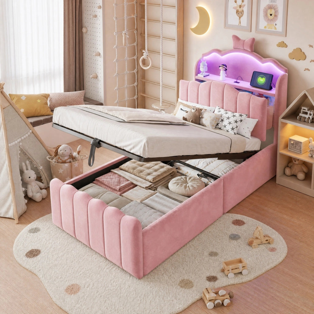 Letto per bambini imbottito 90x200 cm in velluto rosa con LED; USB; USB-C e contenitore
