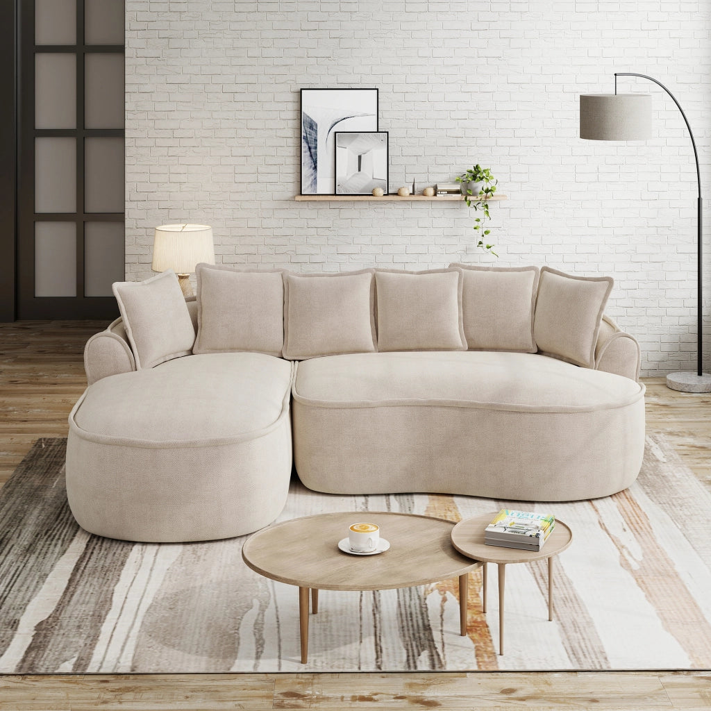 Divano Angolare con Chaise Longue e Cuscini ¨C MINIMAL ¨C Tessuto Chenille, Beige Chiaro