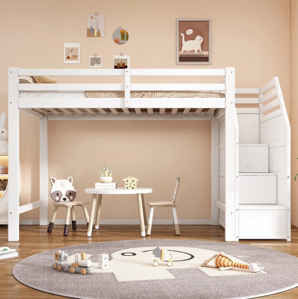 Letto a soppalco per bambini 90x200 cm con rete a doghe; scala contenitore e barriera; bianco