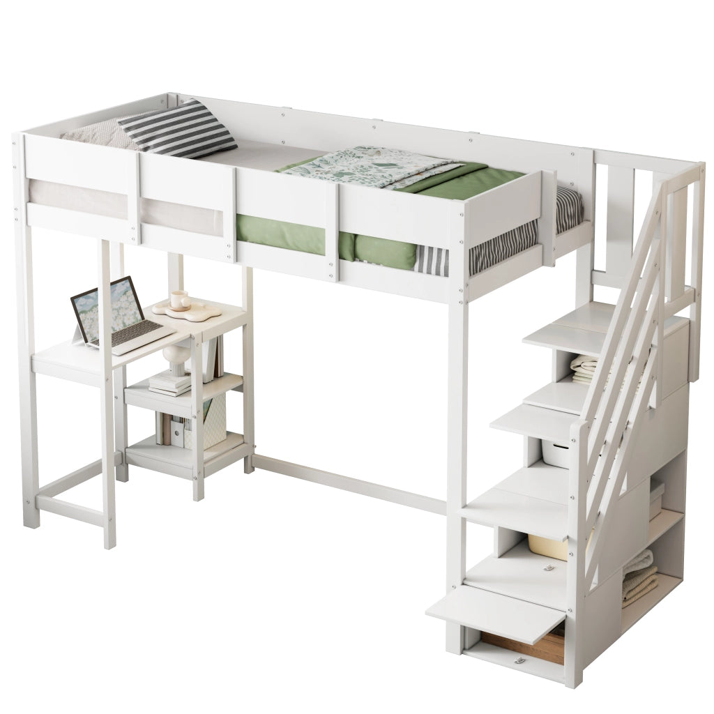 OKWISH Letto a Soppalco 90×200 cm, Letto Singolo con Scala Contenitore, Mensola e Sponde, senza Materasso, in Legno, Bianco