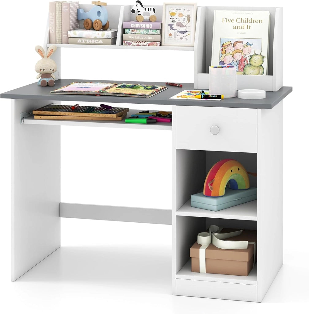 Scrivania per Bambini 3-6 Anni, Tavolo in Legno con Vassoio per Tastiera e Cassetto, Libreria Laterale e Mensole Superiori e Ampio Piano del Tavolo, Ideale per Cameretta (Grigio)