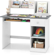 Scrivania per Bambini 3-6 Anni, Tavolo in Legno con Vassoio per Tastiera e Cassetto, Libreria Laterale e Mensole Superiori e Ampio Piano del Tavolo, Ideale per Cameretta (Grigio)