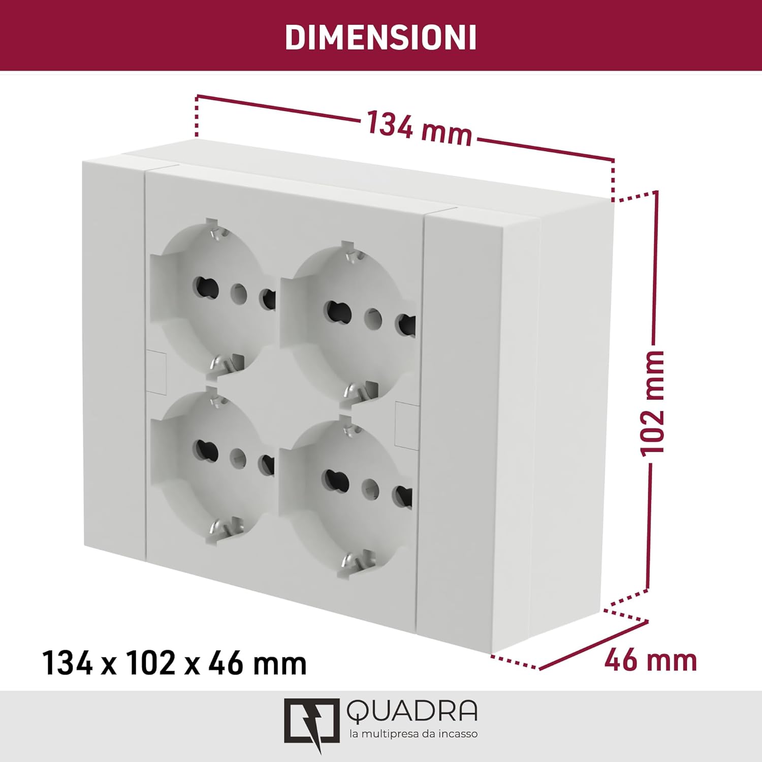 MULTIPRESA da parete ESTERNA  4 PRESE schuko bianca con scatola di supporto per installazioni superficiali, compatibile con tutte le scatole da incasso 3 posti (muratura o cartongesso)