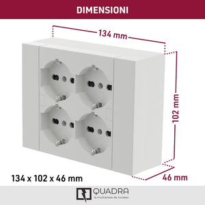 MULTIPRESA da parete ESTERNA  4 PRESE schuko bianca con scatola di supporto per installazioni superficiali, compatibile con tutte le scatole da incasso 3 posti (muratura o cartongesso)
