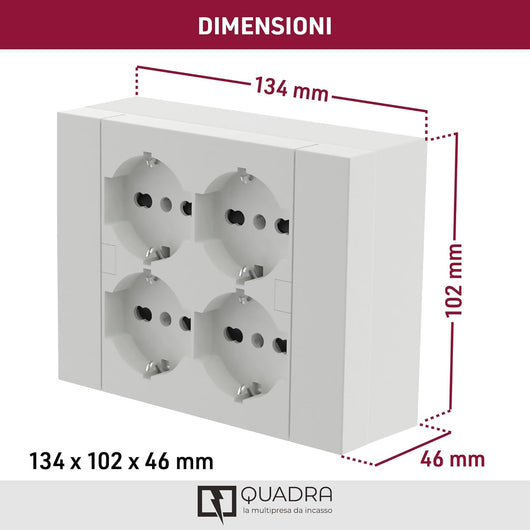 MULTIPRESA da parete ESTERNA  4 PRESE schuko bianca con scatola di supporto per installazioni superficiali, compatibile con tutte le scatole da incasso 3 posti (muratura o cartongesso)