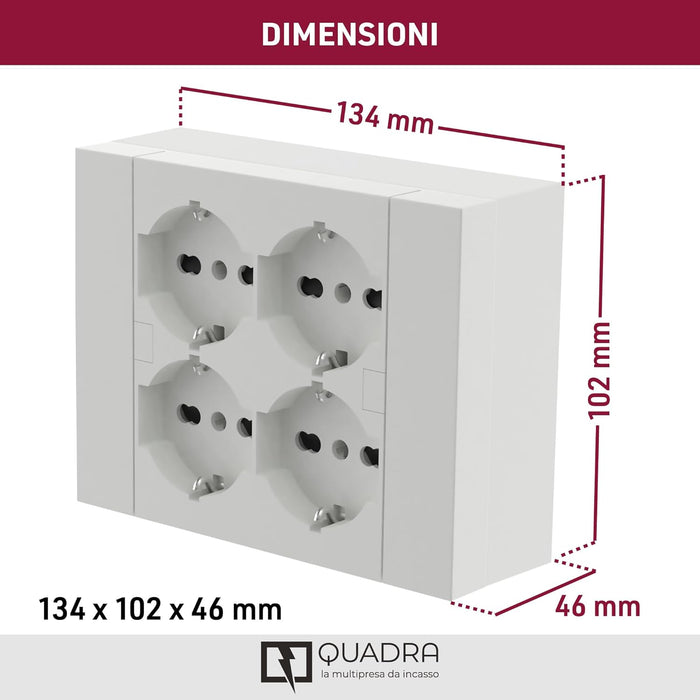 MULTIPRESA da parete ESTERNA  4 PRESE schuko bianca con scatola di supporto per installazioni superficiali, compatibile con tutte le scatole da incasso 3 posti (muratura o cartongesso)