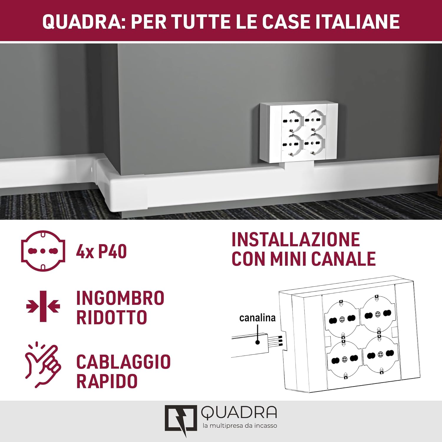 MULTIPRESA da parete ESTERNA  4 PRESE schuko bianca con scatola di supporto per installazioni superficiali, compatibile con tutte le scatole da incasso 3 posti (muratura o cartongesso)