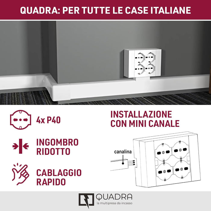MULTIPRESA da parete ESTERNA  4 PRESE schuko bianca con scatola di supporto per installazioni superficiali, compatibile con tutte le scatole da incasso 3 posti (muratura o cartongesso)