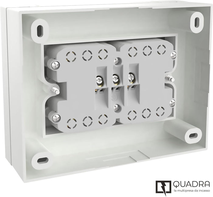 MULTIPRESA da parete ESTERNA  4 PRESE schuko bianca con scatola di supporto per installazioni superficiali, compatibile con tutte le scatole da incasso 3 posti (muratura o cartongesso)