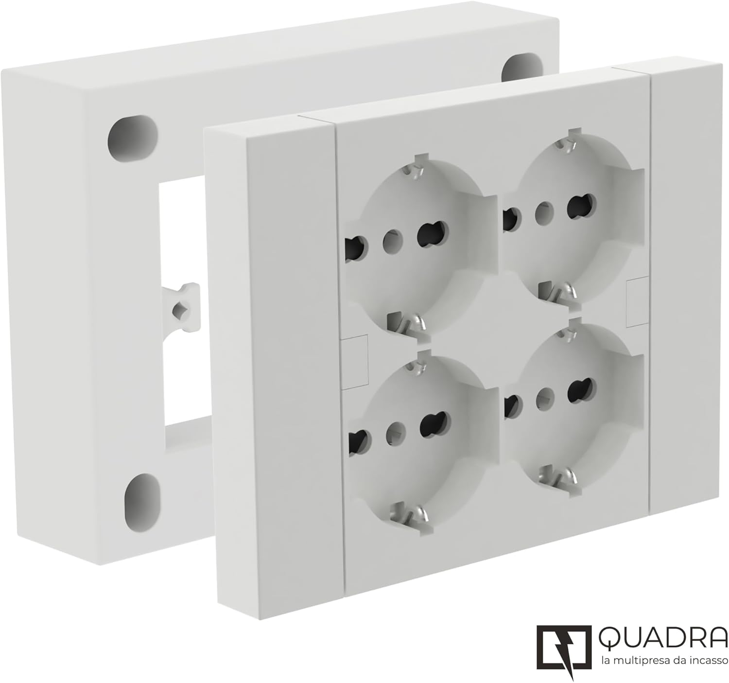 MULTIPRESA da parete ESTERNA  4 PRESE schuko bianca con scatola di supporto per installazioni superficiali, compatibile con tutte le scatole da incasso 3 posti (muratura o cartongesso)