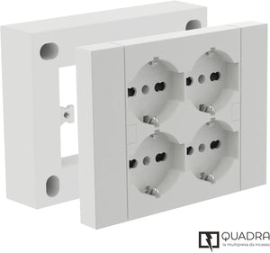MULTIPRESA da parete ESTERNA  4 PRESE schuko bianca con scatola di supporto per installazioni superficiali, compatibile con tutte le scatole da incasso 3 posti (muratura o cartongesso)