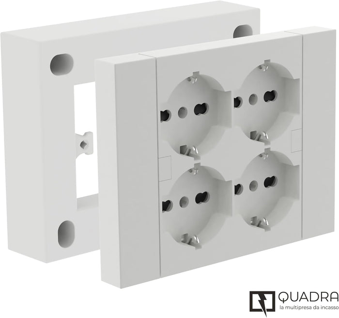 MULTIPRESA da parete ESTERNA  4 PRESE schuko bianca con scatola di supporto per installazioni superficiali, compatibile con tutte le scatole da incasso 3 posti (muratura o cartongesso)