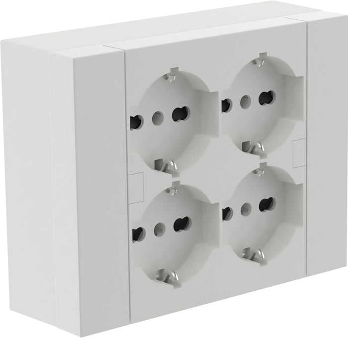 MULTIPRESA da parete ESTERNA  4 PRESE schuko bianca con scatola di supporto per installazioni superficiali, compatibile con tutte le scatole da incasso 3 posti (muratura o cartongesso)