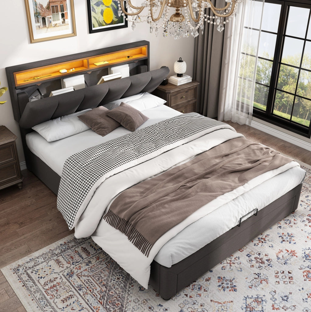 Letto imbottito 140 × 200 cm con LED regolabile e vano contenitore; lino grigio