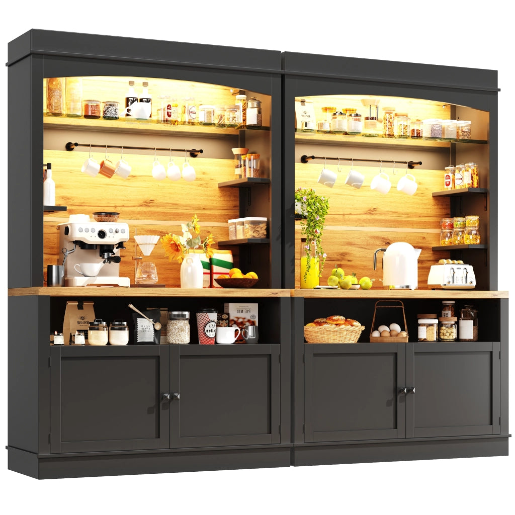 OKWISH Credenza Cucina Alta con 2 Ante, Ripiano Aperto, 6 Ganci e LED, per Cucina, Nero 107 × 43 × 184 cm