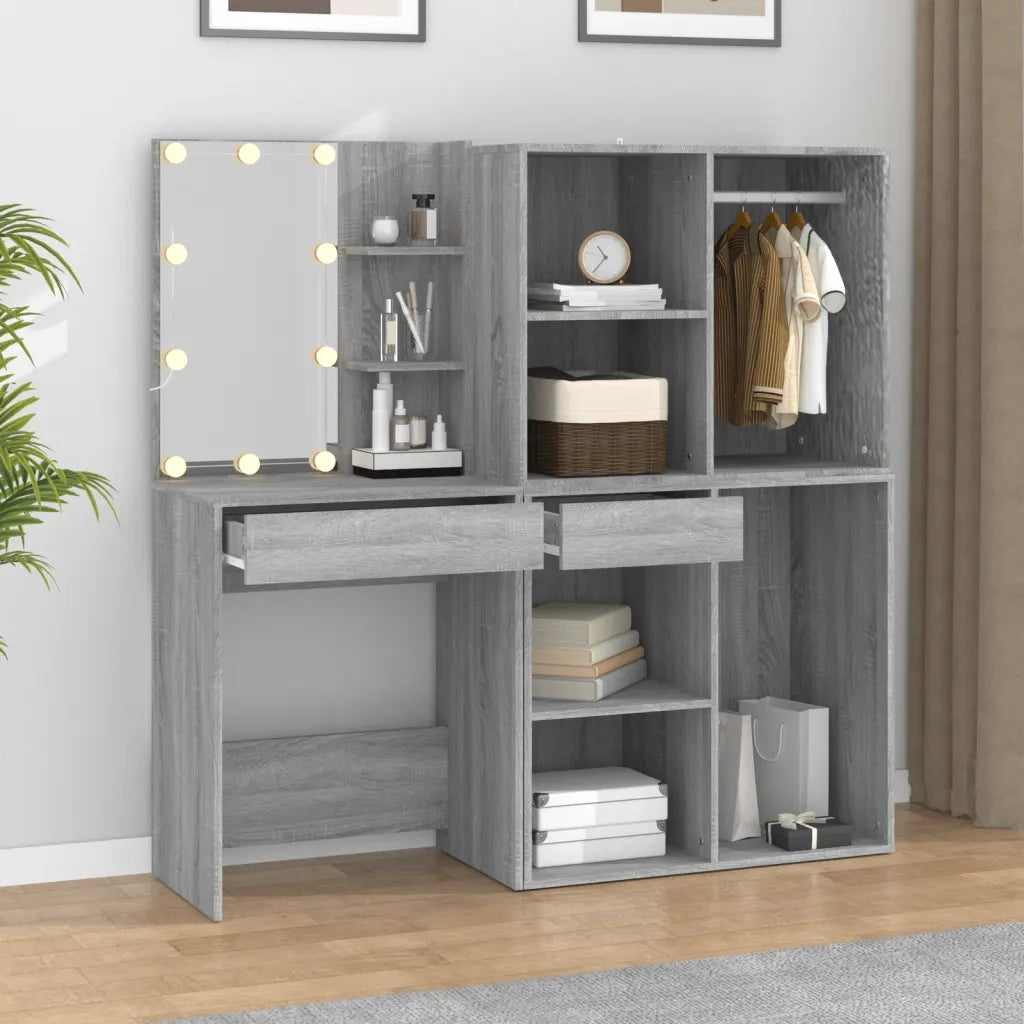 Toeletta | Tavolo da Trucco con LED e Armadietti Grigio Sonoma Legno Multistrato