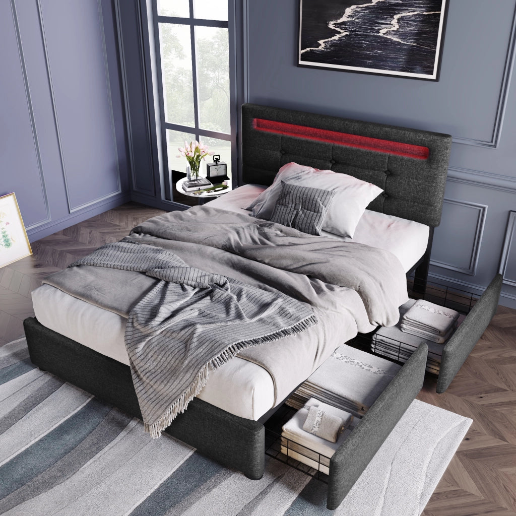 LETTO Singolo 90x200 cm in lino grigio con LED e 2 cassetti
