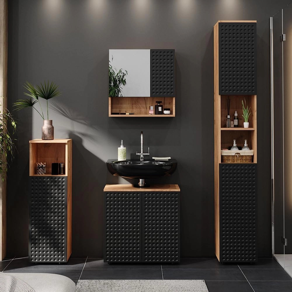 Mobile midi Irma, Antracite puntinato, 30 x 95 cm, per la conservazione di accessori da bagno e combinabile con Irma