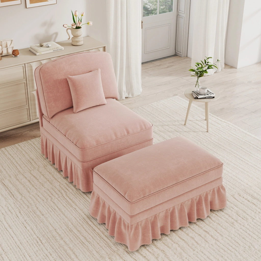 Poltrona con poggiapiedi - con balza removibile e cuscino mobile - in ciniglia - rosa