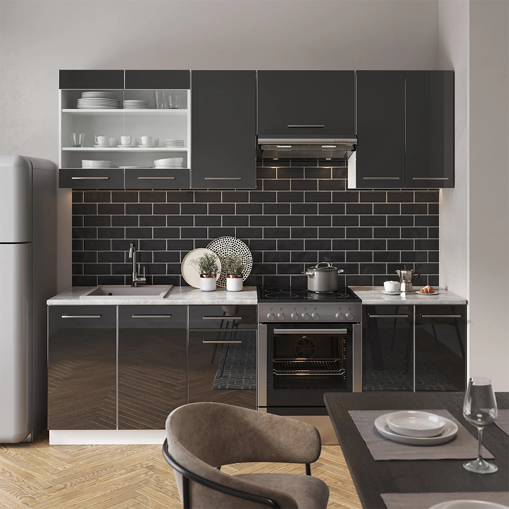 Cucina componibile Fame-Line Antracite lucido/Bianco 240 cm, PL Rovere Vicco
