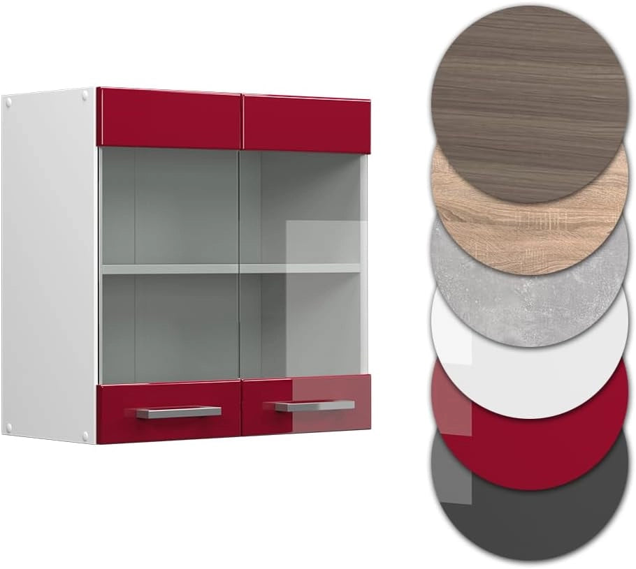 Mobile da cucina in vetro R-Line, Rosso lucido, 60 cm, per la libera combinazione all'interno di sistemi cucina modulari