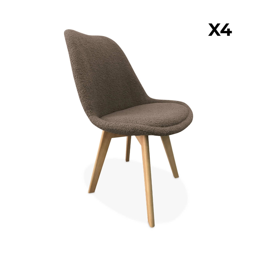 Set 4 sedie scandinave bouclé e gambe in legno, talpa