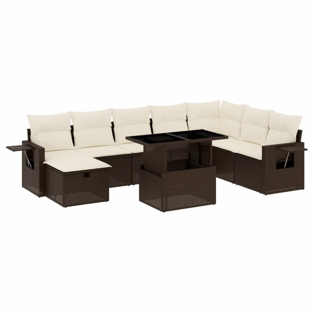 Set Divani da Giardino 9pz con Cuscini Marrone in Polyrattan