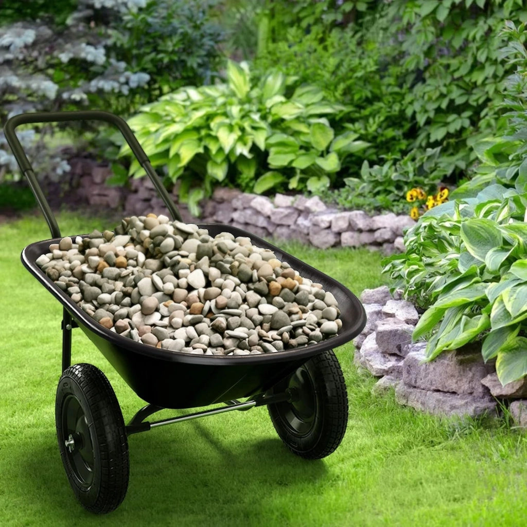 Carriola con 2 Ruote da Giardino, Carrello Resistente con Struttura in Acciaio Robusto, Ruote Pneumatiche 35,5 cm, Capacità 75L, Portata Max 100 kg (Nero)