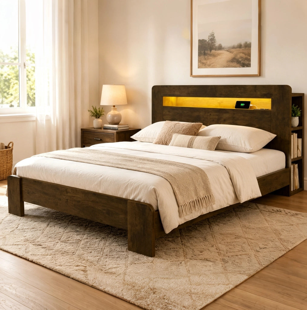 Letto matrimoniale 140x200 cm in legno con testiera contenitore; LED e prese integrate; effetto vintage