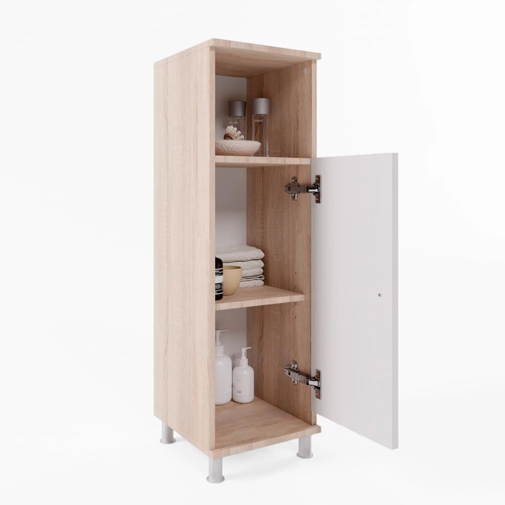 Mobile Midi Fynn, Sonoma/Bianco, 30 x 95 cm, per la conservazione di accessori da bagno e compatibile con Fynn