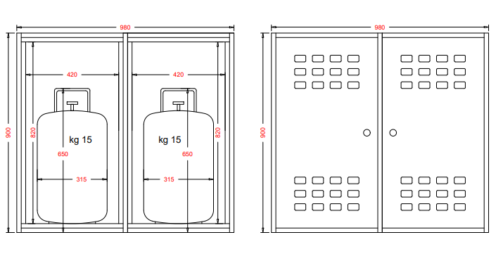 Cassetta da esterno per 2 bombole gas da 15 kg in lamiera zincata – 90x98x42 cm