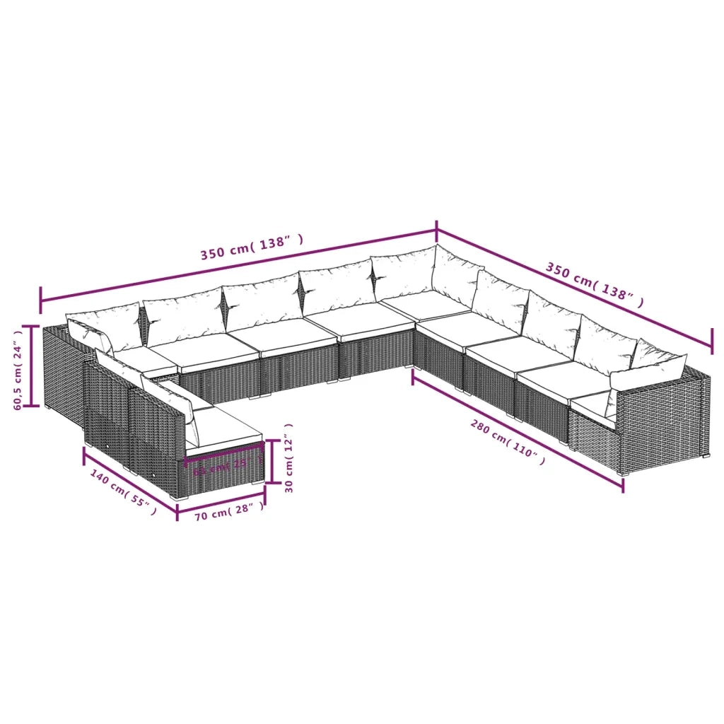 Set Divani da Giardino 11 pz con Cuscini in Polyrattan Marrone 3102451
