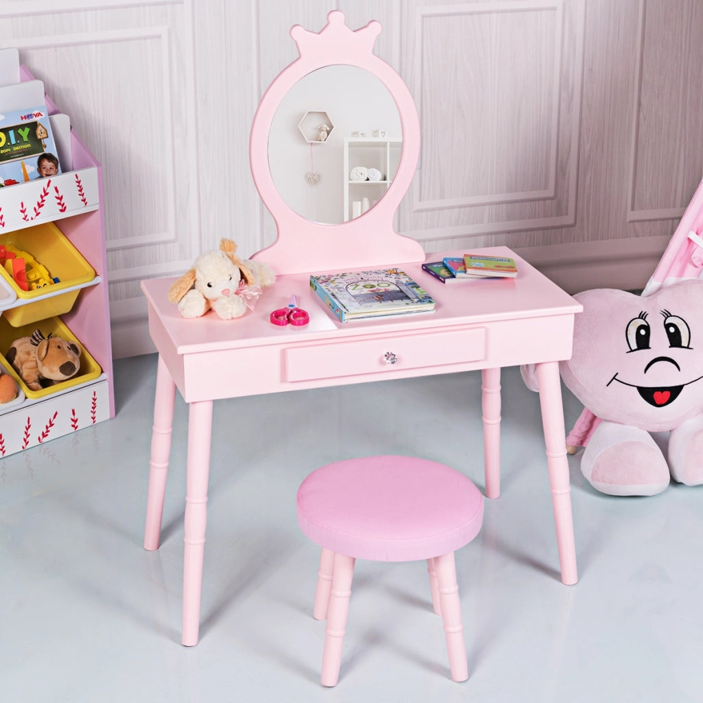 Toeletta con specchio per bambini, Set tavolo e sedia toeletta con cassetti e sgabello imbottito Rosa