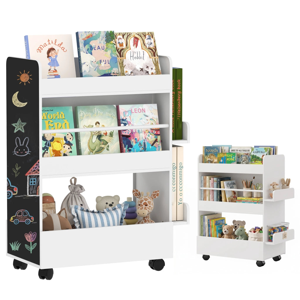 Libreria per bambini con 4 ripiani, cassetto, lavagna e rotelle ¨C zephmum ¨C 66.5x32.5x86.5 cm bianco