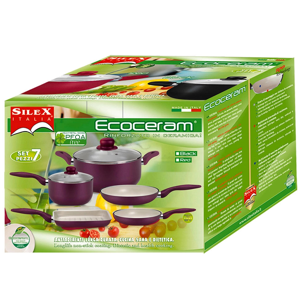 Batteria di Pentole Set 7 Pezzi Antiaderente Rivestimento in Ceramica Silex Ecoceram Rubino