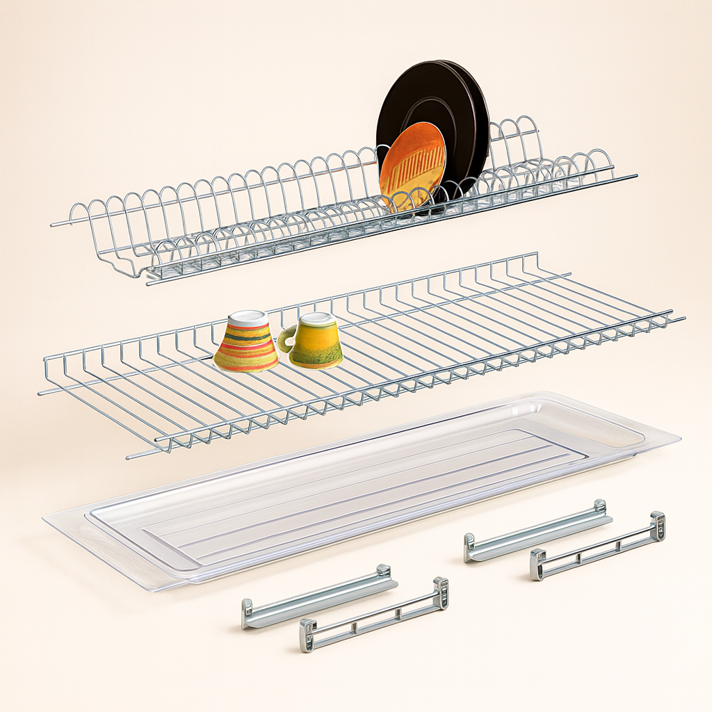Scolapiatti per pensile in acciaio cromato 56 cm con vaschetta raccogligocce