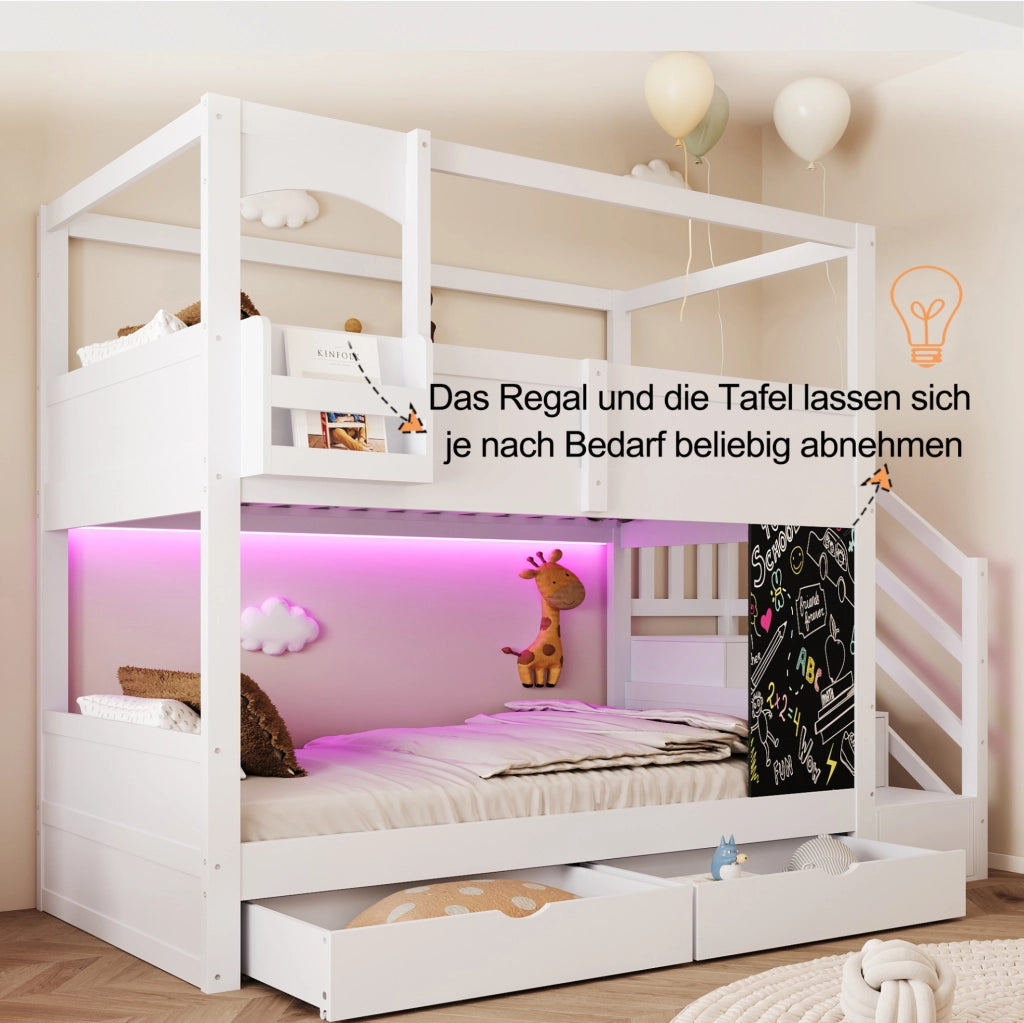 Letto a castello per bambini 90x200 cm con scala contenitore; cassetti e lavagna; bianco