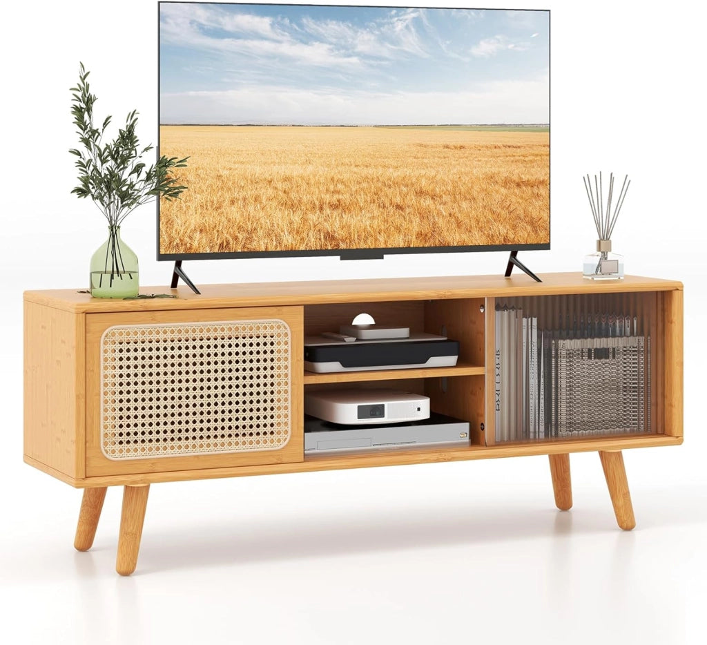 Mobile TV in bambù, Panca TV con 2 Armadi a porta, Tavolo TV, Scaffale aperto a 2 livelli e porta scorrevole in vetro, per TV fino a 55", 120,5 x 31 x 45,5 cm (naturale)