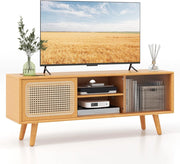 Mobile TV in bambù, Panca TV con 2 Armadi a porta, Tavolo TV, Scaffale aperto a 2 livelli e porta scorrevole in vetro, per TV fino a 55", 120,5 x 31 x 45,5 cm (naturale)