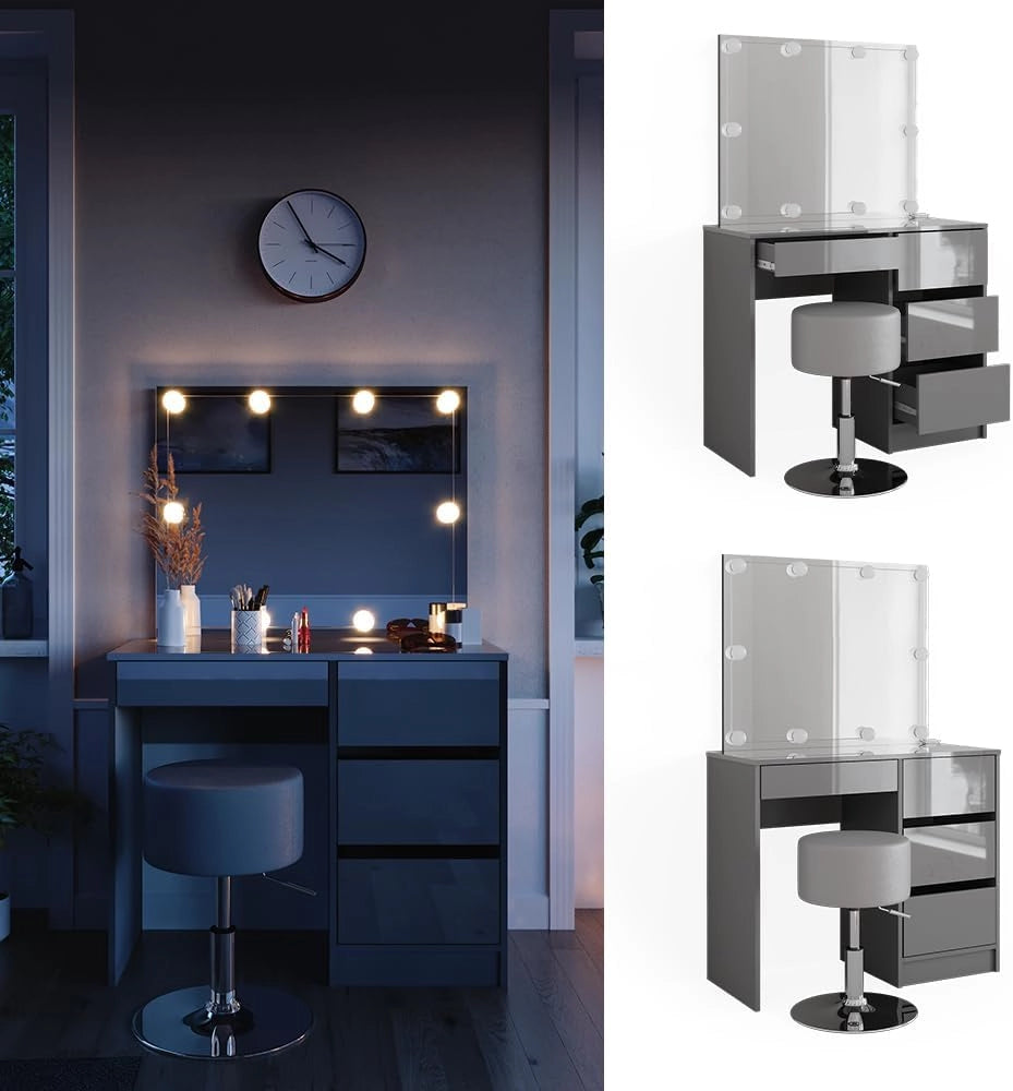 Tavolo da toeletta Sherry, Grigio, 90 cm con illuminazione a LED e sgabello, con illuminazione a LED e panca imbottita
