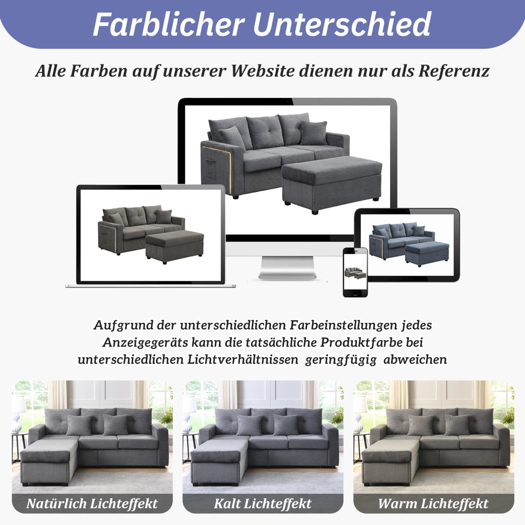 DIVANO modulare a L con pouf, LED, set 5 cuscini, corduroy grigio anticato