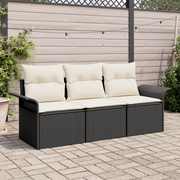Set Divano da Giardino 3 Pezzi con Cuscini Rattan Nero