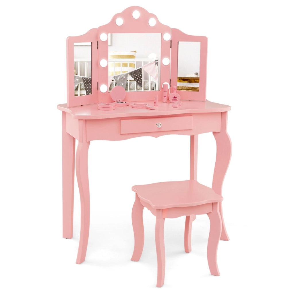 Set tavolo da trucco per bambini con sgabello, Set tavolo vanity principessa con specchio a tre pieghe in vetro Rosa-Toelette per bimbi